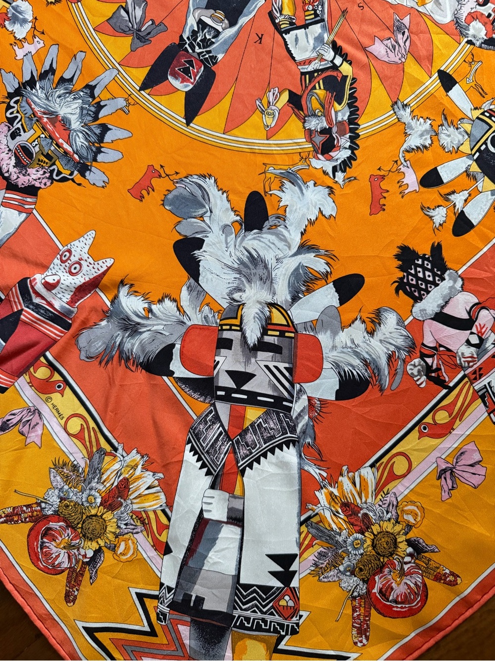 Hermès Orange Kachinas Silk Scarf By Kermit Oliver. - Picture 8 of 15